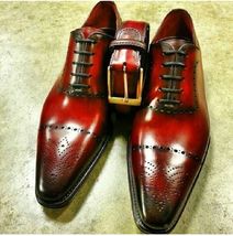 Handmade Men&#39;s Outclass Wingtip Oxfords Red Black Leather Lace Up Lace u... - $159.00