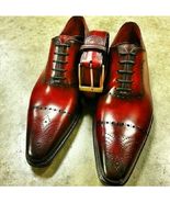 Handmade Men&#39;s Outclass Wingtip Oxfords Red Black Leather Lace Up Lace u... - $159.00