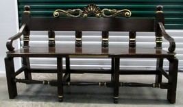 Antique Three Seat Ornate Carved Wooden Bench Black Gold Dolphins Shell Design - £674.74 GBP