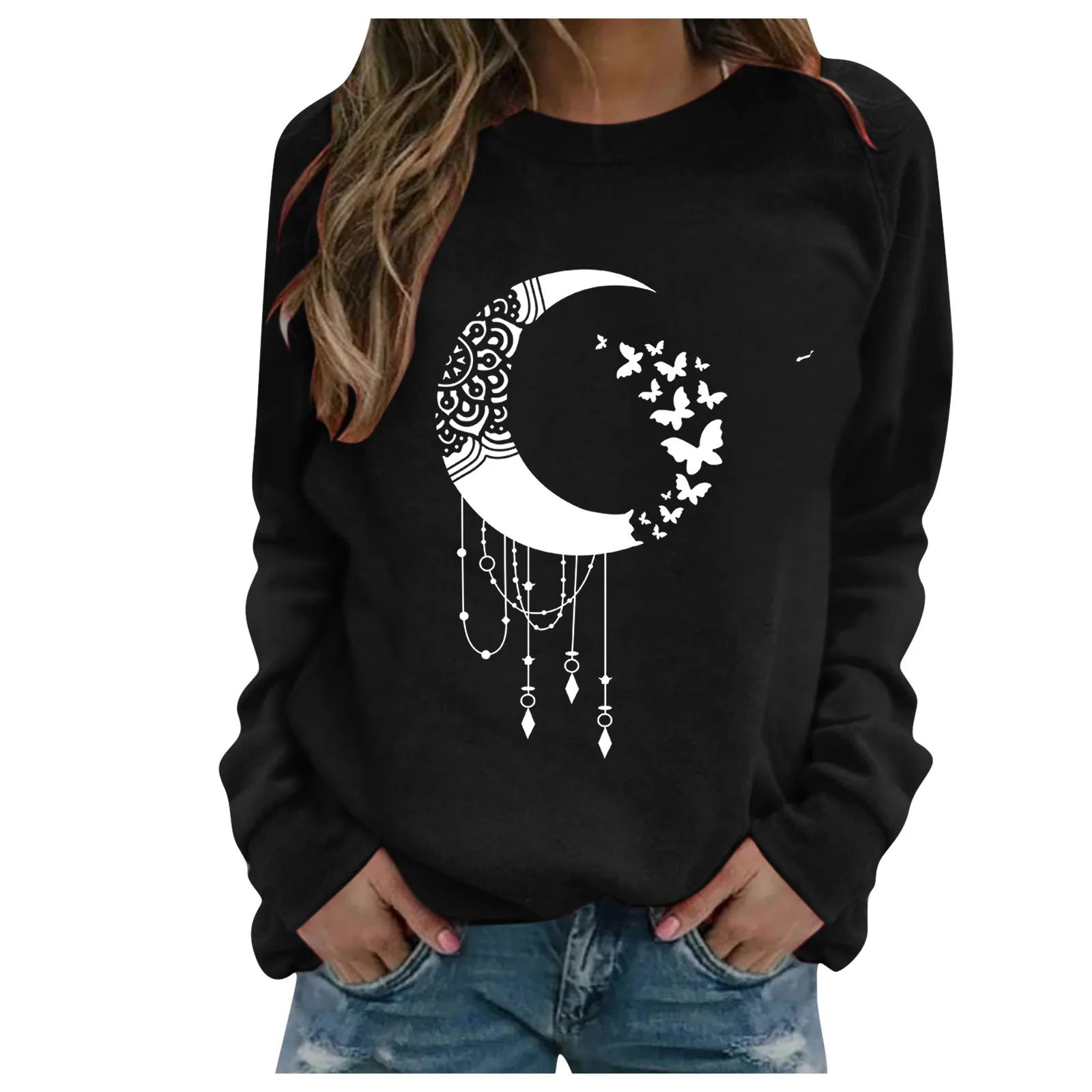  Style Moon  Print Black Hoodie Sweatshirts For Women Casual Loose Round Neck Bl - £76.38 GBP