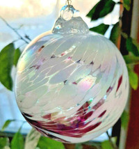 Hanging Glass Ball 4&quot; Diameter Frosted White AB with Purple Swoosh 19HB3 - $15.15