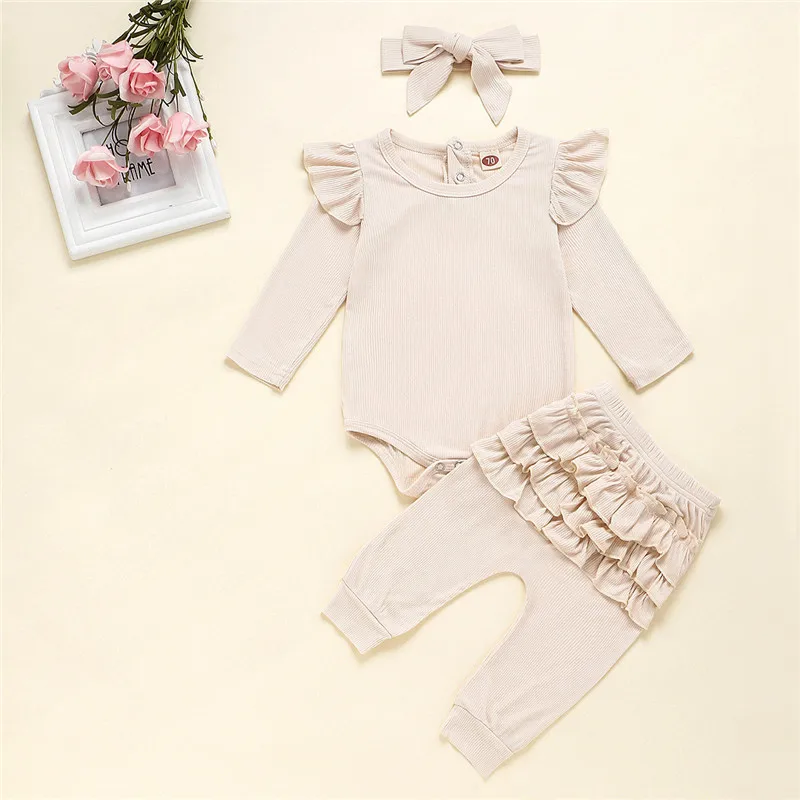 3Pcs Baby Clothing Set Spring Autumn Newborn Infant Girl Solid Outfits Ribbed Cl - £35.00 GBP