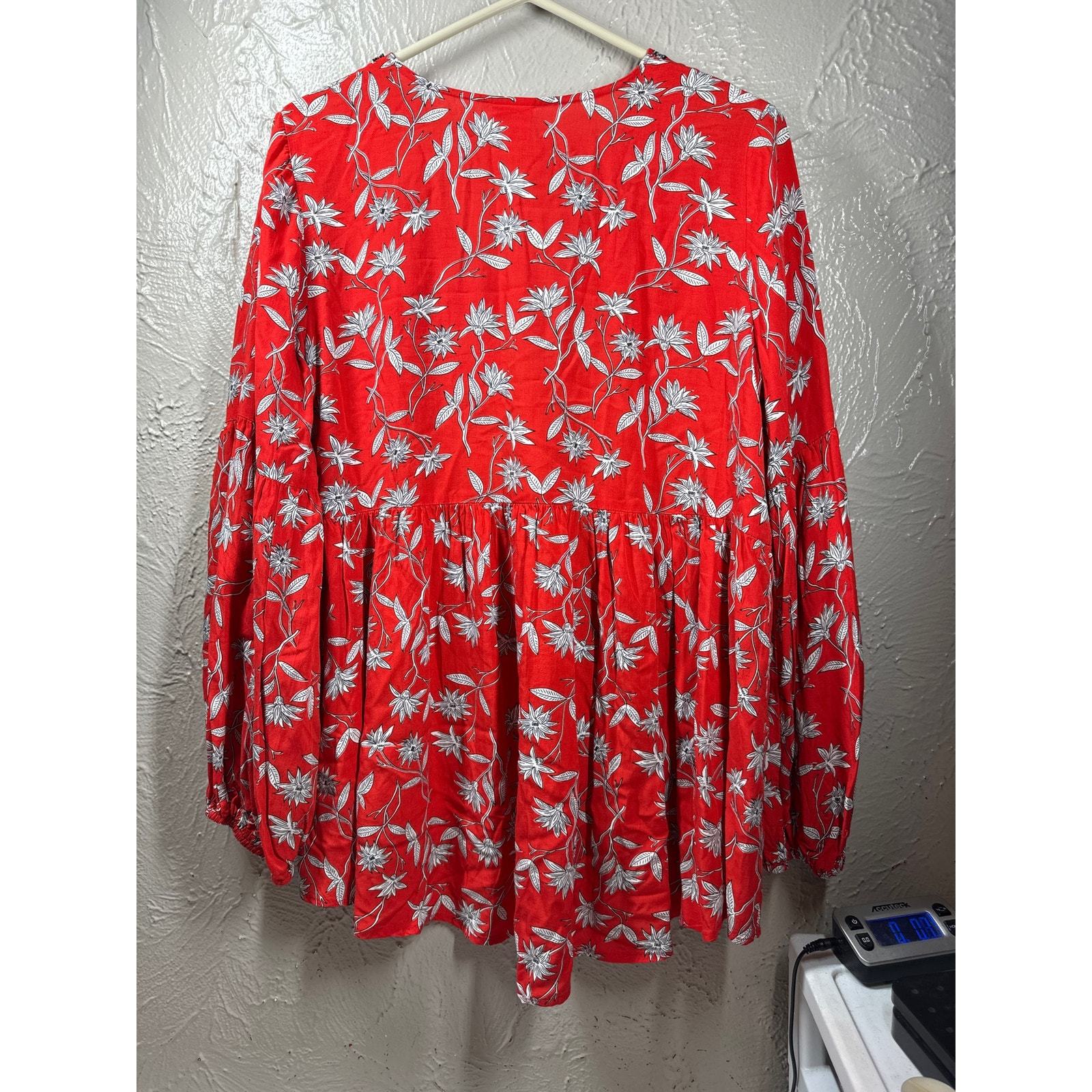Ivy Jane Womens Red Floral Boho Peasant Long Sleeve V Neck Top Size Medium Item image 4