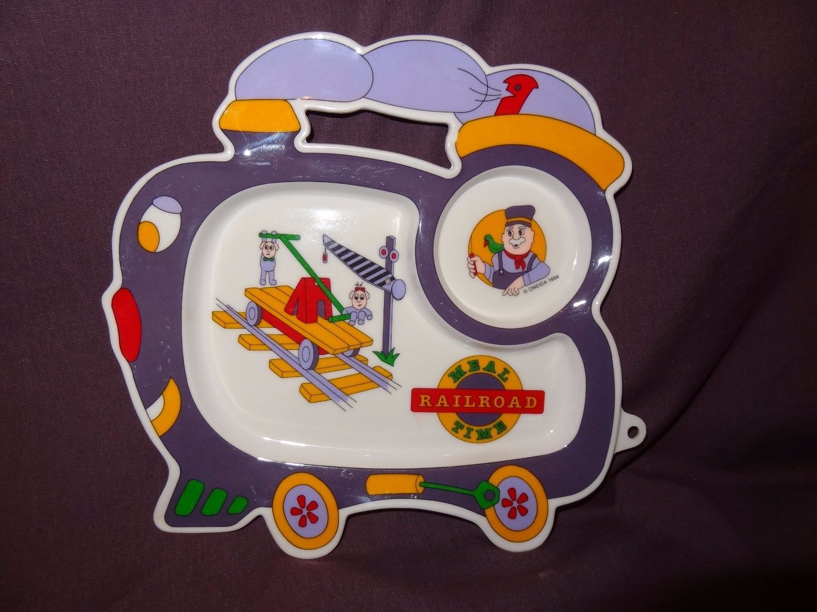 Train Plate Childs Meal Railroad Time Purple Engineer Plastic Oneida 1994 - $14.89