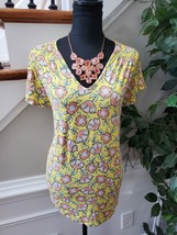 Land&#39;s End Women&#39;s Yellow Floral Rayon Short Sleeve V-Neck Casual Blouse Size XL - £19.98 GBP