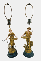 Antique Pair of FARMER LAMPS Man and Wife Wheat Farming Polychrome Painted Metal - £237.40 GBP