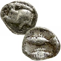 BOAR / 2 Fish. Mysia, Kyzikos. 450 BC Rare Very Small Ancient Greek Silver Coin - $94.05