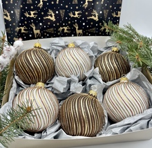 Set of brown and white with glitter lines XMAS glass balls,hand painted ornament - £42.85 GBP