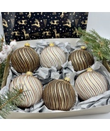 Set of brown and white with glitter lines XMAS glass balls,hand painted ... - £42.58 GBP