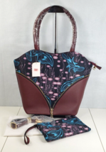 Wine Red Floral Pattern Nylon Faux Leather Tote Bag w/Clutch Set - $61.60