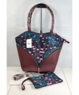 Wine Red Floral Pattern Nylon Faux Leather Tote Bag w/Clutch Set - £46.29 GBP