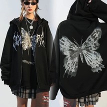 Zip Up Hoodie  Printed Sweatshirt Oversized Black Y2K Fairy Grunge Korean Gyaru  - £75.68 GBP
