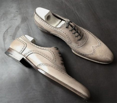 Men Handmade Leather oxford Ash Gray Wing Tip Oxfords Lace Up Shoes - $159.00