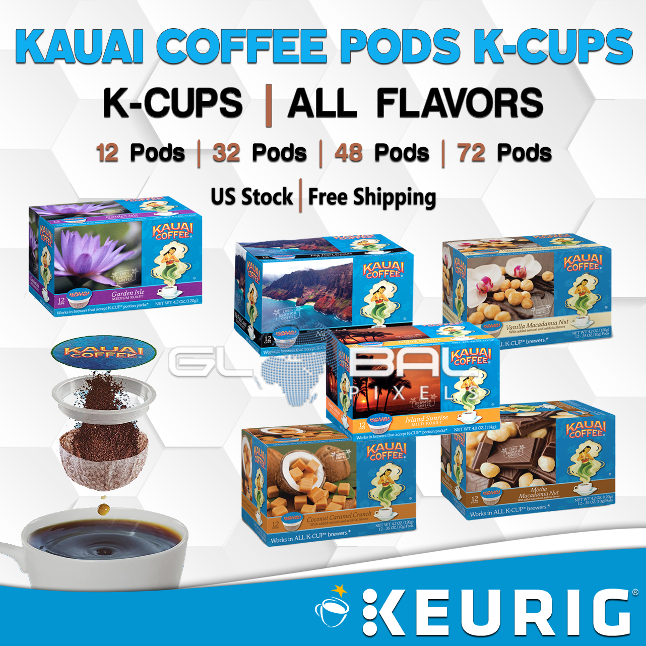 Kauai Coffee Single-serve Pods 12/32/48/72 Medium/Dark Roast Keurig Kcup FLAVORS - £31.93 GBP - £60.71 GBP