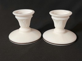Vintage Avon Milk Glass Pillar Candle Holder Leaf Pattern Lrg Gold Banded Base - £9.59 GBP