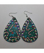 Christmas Earrings Teardrop Holly Candy canes green red Bling Faux Leather - £5.55 GBP