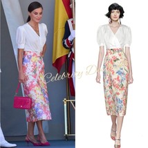 Queen Letizia Inspired Ruffled Short Sleeved White Top &amp; Jacquard A-line Skirt - £96.48 GBP