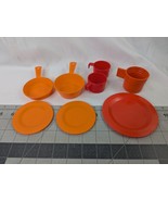 Vintage Child Size Dishes Plates Cups Saucer Pans Orange Red - $14.95