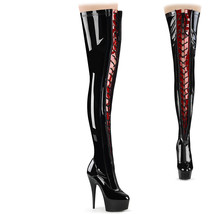 Pleaser DELIGHT-3027 Black Red 6&quot; Heel Platform Front Lace Up Thigh High Boots - £90.87 GBP