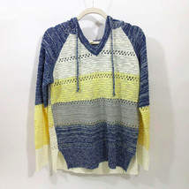 Hem and Thread Crochet Hoodie Sweater Wm&#39;s Small Blue Yellow White Striped - £17.91 GBP