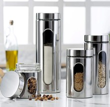 4pc Stainless Steel Canister Set for Kitchen Counter with Glass Window &amp; Airtigh - £39.16 GBP