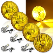 5-3/4&quot; Crystal Yellow Glass Headlight Amber Fog Light 6K H4 LED Lamp Bulbs Set - £157.25 GBP