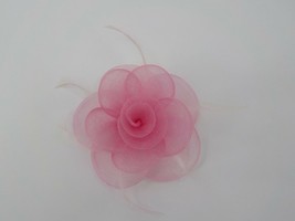 HAIR BARRETTE OR LAPEL PIN PINK FOLDED TULLE FLOWER W FEATHERS THREE DIM... - $12.99