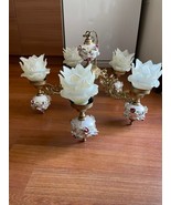 Antique Brass CHANDELIER capodimonte porcelain italy Glass Shades Rose  ... - $950.00