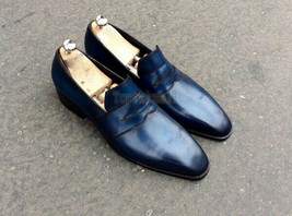 Handmade Men&#39;s Leather Stylish Classic Formal Blue Stylish Loafers Shoes... - $227.99