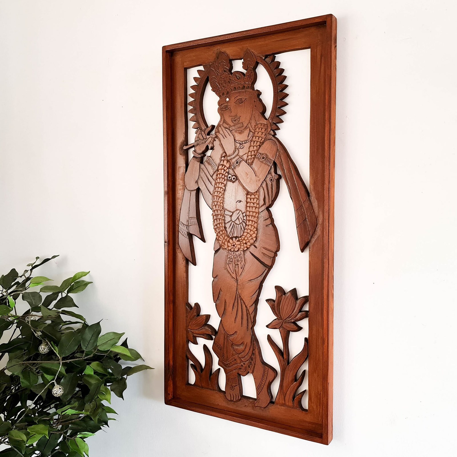 Krishna Hindu God Goddess Wood Sculpture Wall Art Temple Mandir Pooja Prayer Item image 2
