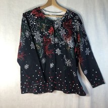 CJ Banks Size 1x Navy w Red White Birds Snowflakes Cardigan Sweater 100% Cotton - £23.73 GBP