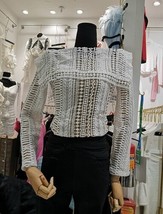Spring 2022 Vintage Woman Woven  Off-Neck Crocheted Lapel Slim Shirt Blusa Femin - £97.73 GBP