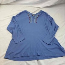 Woman Within Womens Blouse Blue Long Sleeves Embroidered Henley Neckline 4X - £13.23 GBP
