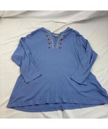 Woman Within Womens Blouse Blue Long Sleeves Embroidered Henley Neckline 4X - £13.29 GBP