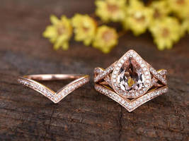2ctw Pear Morganite &amp; Sim Diamond 14k Rose Gold Finish Halo Engagement Ring Set - £67.58 GBP