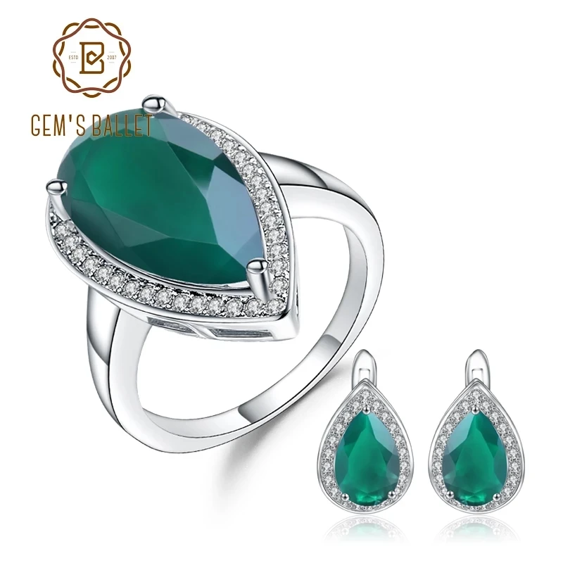 Natural Green Agate Earrings Ring Set Real 925 Sterling Silver Water Drop Vintag - £74.78 GBP