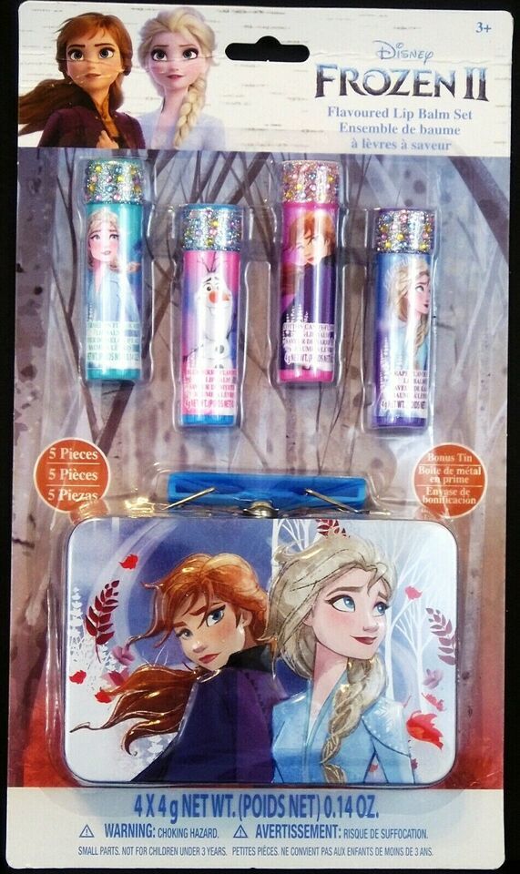DISNEY(R) FROZEN II 4-FLAVORED LIP BALMS AND EMBOSSED TIN W/ HANDLE  BRAND NEW!! - £4.75 GBP