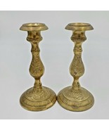 Pair (2)  heavy brass Candlesticks 7.5 inches FLowers leaves India Holid... - £19.57 GBP