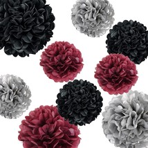 9PCS Maroon Burgundy Black Silver Tissue Paper Flowers Pom Poms Wall Backdrop St - £24.01 GBP