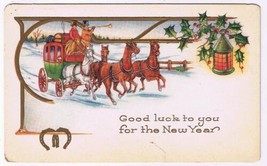 Holiday Postcard Embossed Happy New Year Coach &amp; Horses Horseshoes - £2.36 GBP