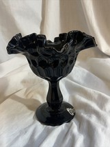 1950 Fenton Black Glass Thumbprint Ruffle Top Pedestal Compote Candy Dis... - $26.96