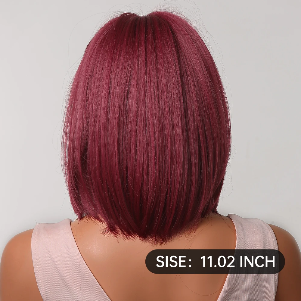 House Home Short Synthetic Wigs with Bangs Wine Red Color Natural Bob Straight W - £44.83 GBP