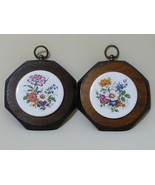 VINTAGE PAIR OCTAGONAL 5.5&quot; FLORAL CERAMIC/WOOD COUNTRY WALL PLAQUES - $25.75 CAD