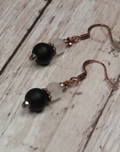 Frosted Round Glass Crystal Drop Pierced Earrings Handmade Copper Black White - £6.65 GBP