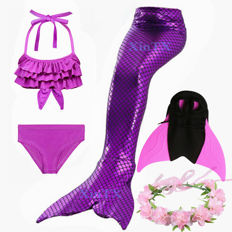 Kids 5pcs Mermaid Tail With Monofin Girls Swimming Bikini Set Swimwear