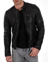 Leather Jacket Mens Biker Motorcycle Vintage Coat Winter Men Bomber Black 4 - £96.70 GBP