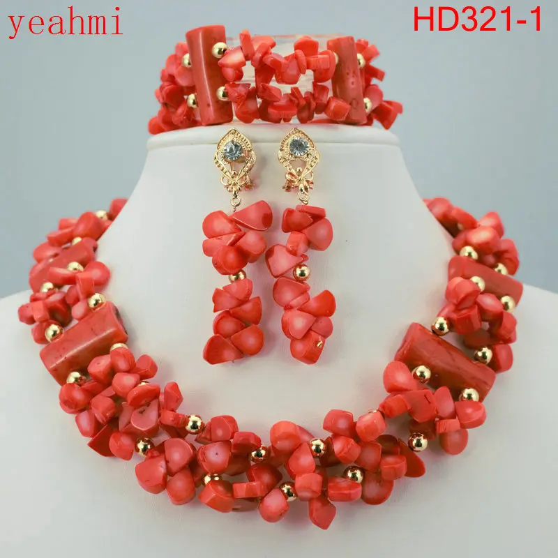 Wonderful Gold Color African Coral Beads Jewelry Set Nigerian Beads Necklace Afr - £103.20 GBP