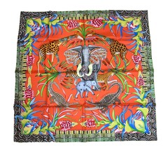 Hermes Scarf La Marche du Zambeze 90 cm silk orange Carre elephant river 35&quot; - £562.10 GBP