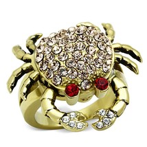 Gold Plated Crab Ring Champagne Red Clear Crystal Stainless Steel TK316 - £16.61 GBP