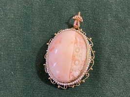 Ladies Antique 14KT Gold Pendant w/ Carved Cabochon Angel Skin Coral Pearls Deco - £560.51 GBP